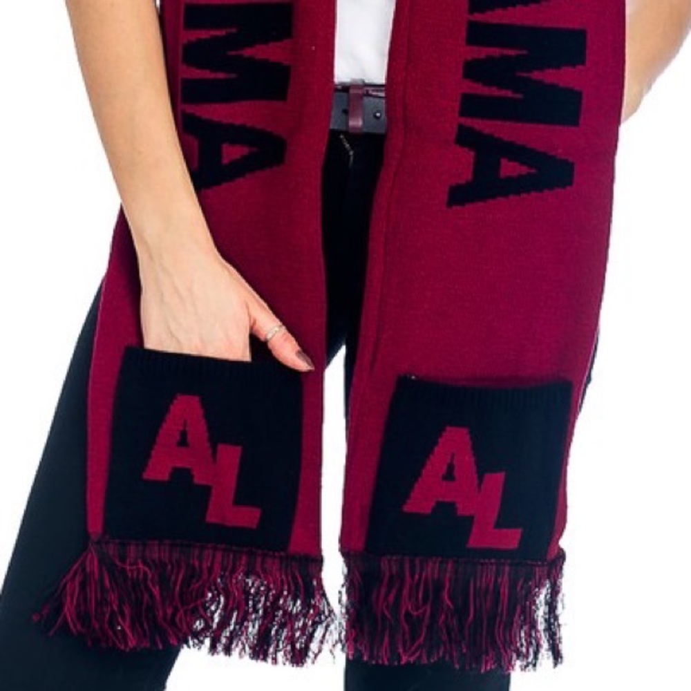 Alabama Crimson Fan Unisex College Football Hooded Fringe Pocketed Winter Scarf